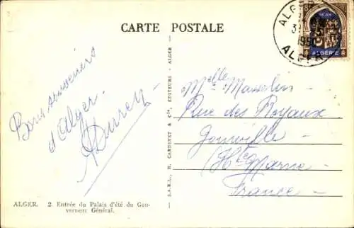 Ak Algier Algier Algerien, Eingang zum Sommerpalast des Generalgouverneurs