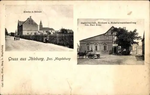 Ak Ihleburg Burg bei Magdeburg, Kirche, Schule, Gastwirtschaft