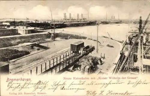 Ak Bremerhaven, Neuer Kaiserhafen, Kaiser Wilhelm der Grosse, Dampfer, Anleger