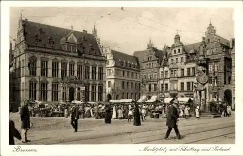 Ak Hansestadt Bremen, Marktplatz, Schütting, Roland, Passanten