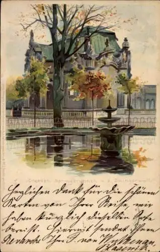 Künstler Litho Köller, G., Dresden Zentrum Altstadt, Springbrunnen a. d. Zwingerwall, Nr. 3