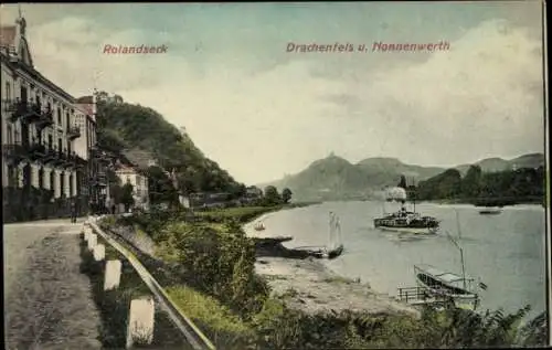 Ak Rolandseck Remagen am Rhein, Teilansicht, Drachenfels, Nonnenwerth, Schiffe