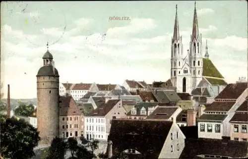 Ak Görlitz in der Lausitz, Ortspartie mit Blick zur Kirche, Turm