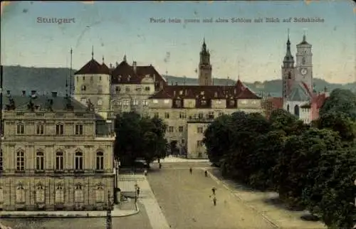 Ak Stuttgart in Württemberg, neues Schloss, altes Schloss, Stiftskirche