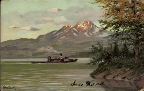 Künstler Litho Mailick, Salondampfer auf einem See, Gebirge