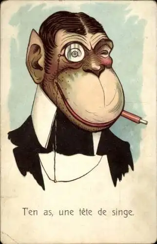 Künstler Ak T'en as, une tête de singe, cigarette, monocle, Karikatur