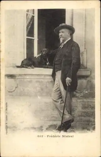 Ak Dichter Frédéric Mistral, Portrait mit Hund