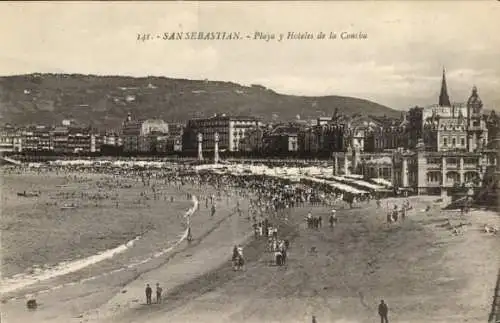 Ak Donostia San Sebastián Baskenland, Strand und Hotels in La Concha