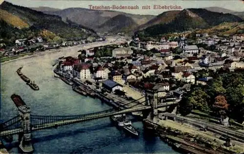 Ak Děčín Tetschen Bodenbach Elbe Reg. Aussig, Elbbrücke, Bahnhof, Panoramablick auf die Stadt