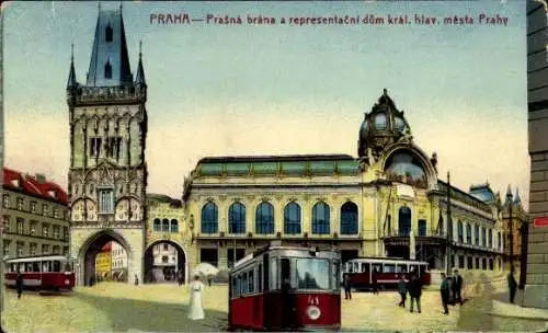 Ak Praha Prag, Pulverturm, Haus der königl. Hauptstadt, Straßenbahnen