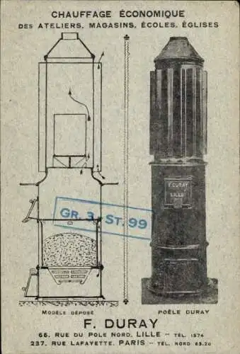 Ak Reklame, Wirtschaftliche Beheizung von Werkstätten, Geschäften, Schulen, F. Duray, Lille