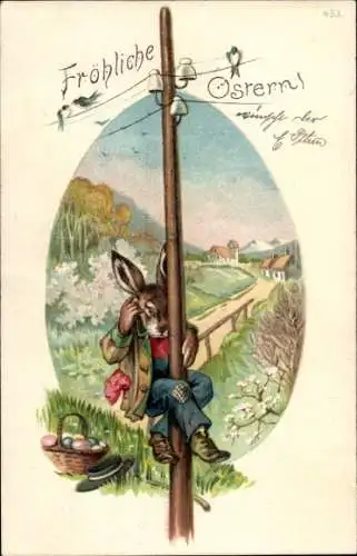 Präge Litho Glückwunsch Ostern, Osterhase am Hochspannungsmast