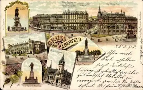 Litho Elberfeld Wuppertal, Kaiser Friedrich Denkmal, Schwebebahn, Hotel Weidenhof, Neue Rathaus