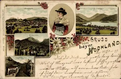 Litho Miesbach in Oberbayern, Birkenstein, Wendelsteinhaus und Kirchlein, Frau in Tracht, Schliersee