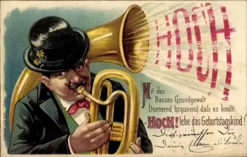 Präge Litho Glückwunsch Geburtstag, Eleganter Mann spielt Helikon Tuba