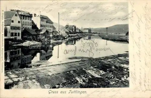 Ak Tuttlingen an der Donau Württemberg, Teilansicht, Häuser am Ufer, Wehr