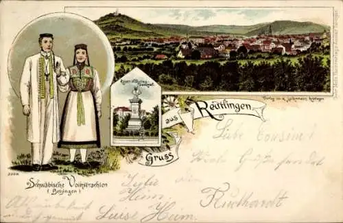 Litho Reutlingen in Württemberg, Panorama, Schwäbische Volkstrachten aus Betzingen, Denkmal