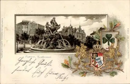 Präge Wappen Passepartout Litho Fürth in Mittelfranken Bayern, Kunstbrunnen