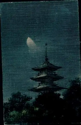 Stoff Ak Japan, Tempel, Turm, Wald, Mond