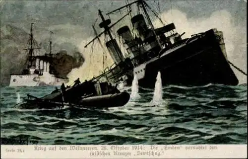 Ak Seeschlacht, Deutsches Kriegsschiff Emden vernichtet den russischen Kreuzer Schemtschug, 1914