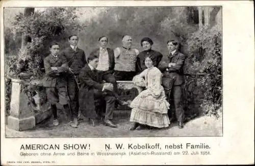 Ak N. W. Kobelkoff mit Familie, geboren ohne Arme und Beine 1851