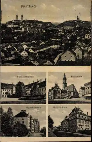 Ak Freising in Oberbayern, Jägerkaserne, Hofbräuhaus, Stadtplatz, Weihenstephan