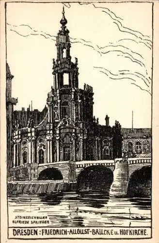 Künstler Ak Elfriede Springer, Dresden Altstadt, Friedrich August Brücke u. Hofkirche