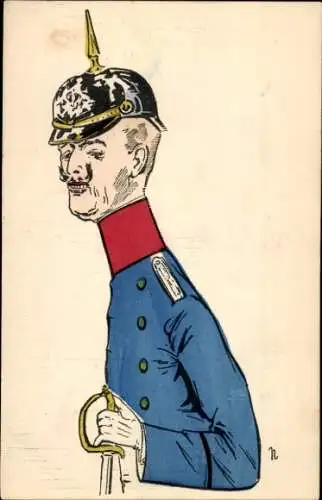 Künstler Ak Karikatur von einem deutschen Soldaten, Pickelhaube