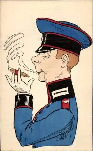 Ak Karikatur, Soldat mit Zigarre