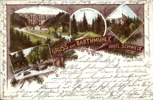 Litho Barthmühle Pöhl im Vogtland, Ruine Liebau, Elstertalbrücke, Landschaft