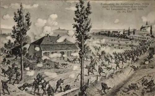 Ak Bad Langensalza in Thüringen, Erstürmung der Kallenberg'schen Mühle durch die Hannoveraner 1866