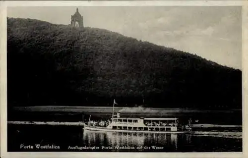 Ak Porta Westfalica an der Weser, Ausflugsdampfer Porta Westfalica auf der Weser, Berg