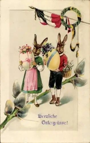 Ak Glückwunsch Ostern, Osterhasen, Weidenkätzchen, Ostereier