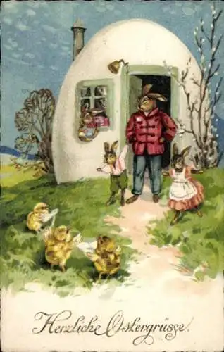 Ak Glückwunsch Ostern, Osterhasen, Familie, Osterei-Haus, Küken