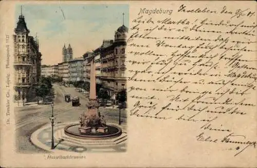 Ak Magdeburg an der Elbe, Hasselbachbrunnen, Straßenbahnen, Türme