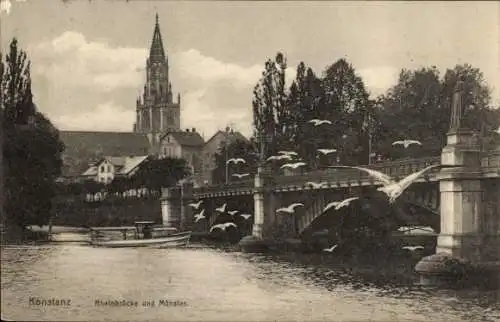 Ak Konstanz am Bodensee, Rheinbrücke, Münster, Möwen