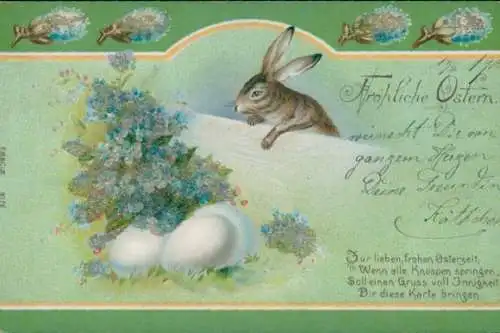 Perl Litho Frohe Ostern, Osterhase mit Ostergesteck, Ostereier, Weidenkätzchen