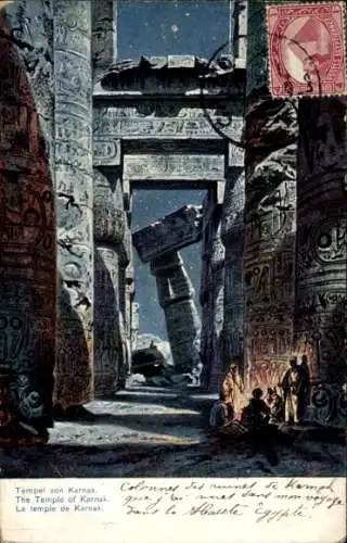 Künstler Ak Perlberg, F., Karnak Ägypten, Alte Tempelruinen, Lagerfeuer