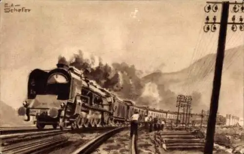 Künstler Ak Schefer, E. A., Französische Eisenbahn, Bahnschienen, Traction a vapeur 1935