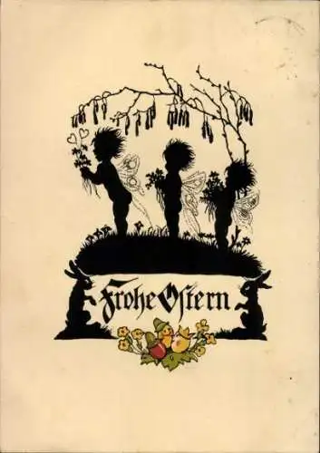 Scherenschnitt Künstler Ak Plischke, G., Glückwunsch Ostern, Osterhasen, Fee, Weidenkätzchen