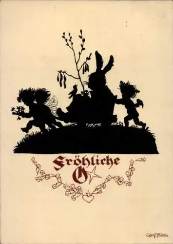 Scherenschnitt Künstler Ak Plischke, G., Glückwunsch Ostern, Osterhasen, Fee, Weidenkätzchen