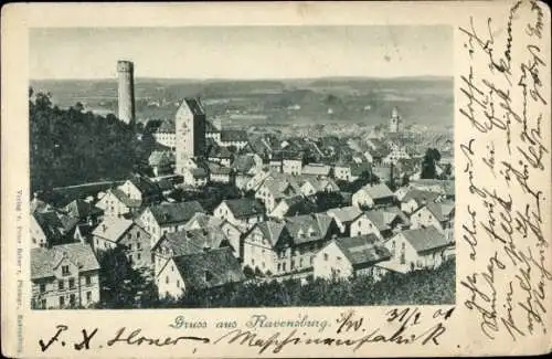 Ak Ravensburg in Württemberg Oberschwaben, Totalansicht, Turm