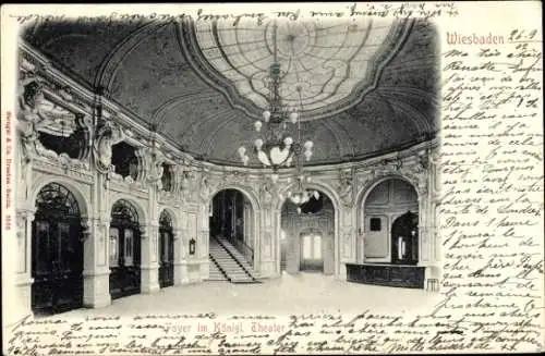 Ak Wiesbaden, Foyer im Königlichen Theater, Kronleuchter, Reliefs