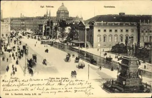 Ak Berlin Mitte, Unter den Linden, Königliches Schloss, Opernhaus, Reiterstatue