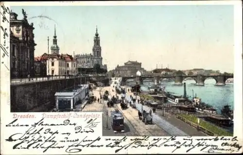 Ak Dresden Altstadt, Dampfschiffanlegeplatz, Kirche, Brücke