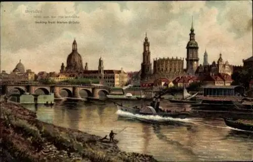 Künstler Ak Dresden Zentrum Altstadt, Blick von der Marienbrücke, Schleppdampfer, Angler