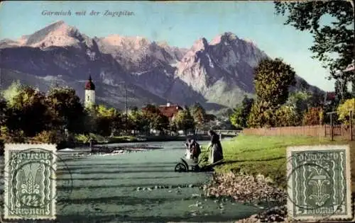 Ak Garmisch Partenkirchen in Oberbayern, Ufer mit Blick zur Zugspitze