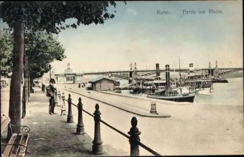 Ak Mainz am Rhein, Promenade, Brücke, Schiffe