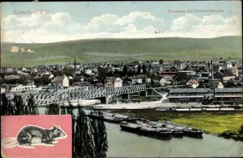 Ak Hameln an der Weser Niedersachsen, Panorama, Eisenbahnbrücke, Ratte, Restaurant zur Glocke