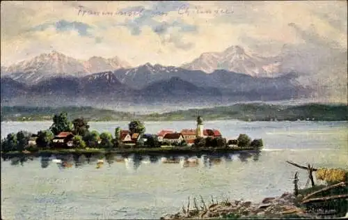 Künstler Ak Fraueninsel Chiemsee, Blick auf die Insel